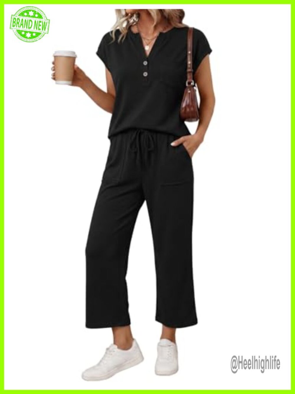 2 Piece Lounge Set V Neck Henley Cap Sleeve Top Wide Leg Crop Pants Casual